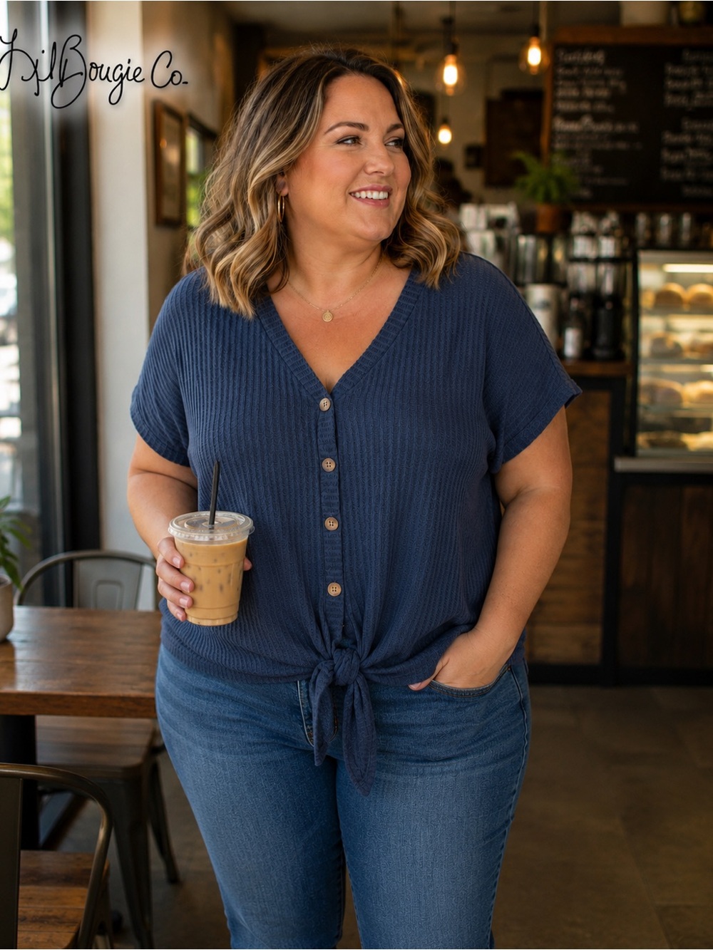 Torrid NWOT Size 1 (L/XL) Navy Waffle Knit Button Front Tie Hem Top